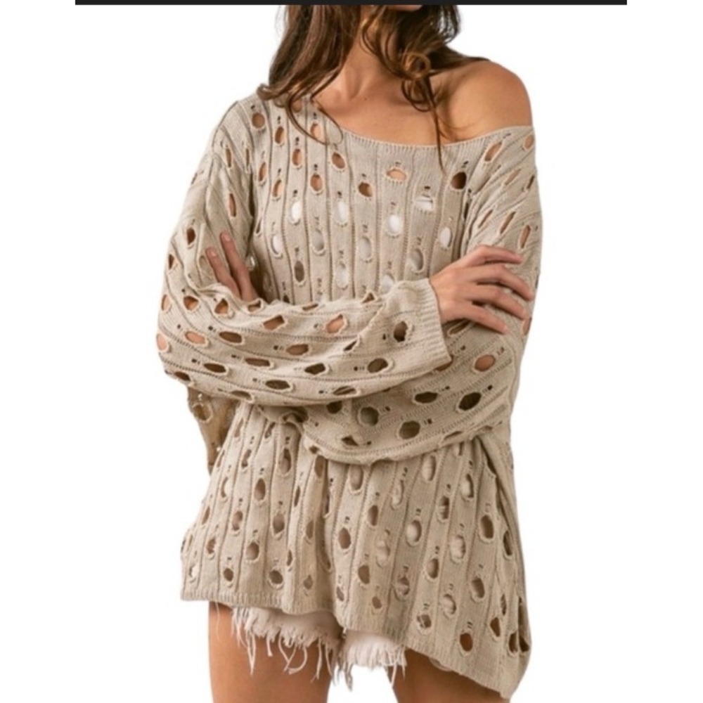 Scrap Work Boutique Distressed Open Knit Sweater Boho Grunge Indie Sheer Slouchy